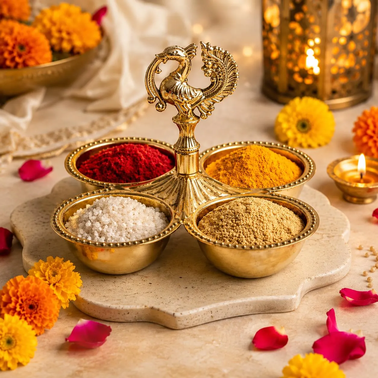 Dual Purpose Brass kankavati with Peacock chowmukh  choupala  chopala  chokra for Pooja